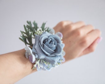 Baby blue corsage, wrist corsage, blue wrist corsage, rose corsage, boho wedding, rustic flowers, prom corsage, wedding corsage