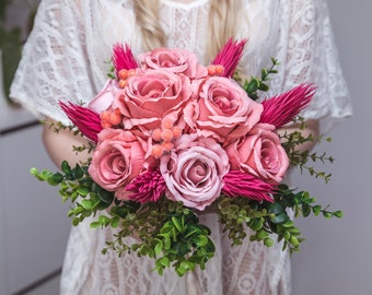 Thistle bouquet, pink bouquet, thistle wedding, artificial flowers, pink roses bouquet, artificial wedding bouquet, pink flowers