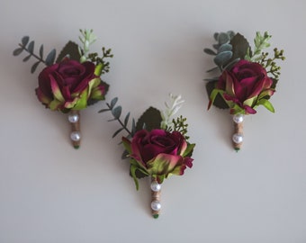 Burgundy buttonhole, man boutonniere, dark buttonhole, artificial buttonhole, red boutonniere, boho wedding, dark flower buttonhole