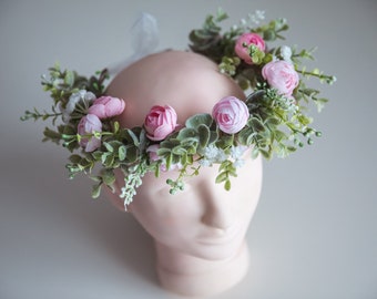 Flower head crown, flower crown, floral crown bride, pink flower crown, festival headband, artificial floral head crown, flower headpiece