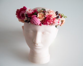 Flower head crown, flower crown, floral crown bride, pink flower crown, festival headband, artificial floral head crown, roses head crown