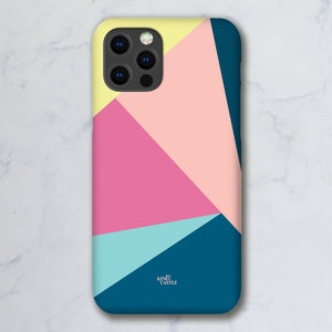 May include: A phone case with a geometric design featuring pink, yellow, blue, and teal colors. The case has a camera cutout and the text "King Castle" printed on the bottom.