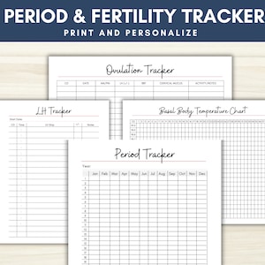 Peut inclure: Ensemble de trackers de fertilité et de règles imprimables, comprenant un tableau de température corporelle basale, un tracker d'ovulation, un tracker LH et un tracker de règles. Chaque tracker a un design simple et minimaliste avec du texte noir sur fond blanc.