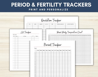 Periodetracker, vruchtbaarheidsplanner, vruchtbaarheidsgrafiek, ovulatietracker en ovulatieteststriplogboek afdrukbare PDF