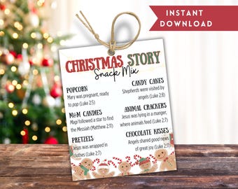 May include: A printable Christmas Story Snack Mix tag with a red and green border. The tag features a list of Christmas snacks and their corresponding Bible verses. The tag is decorated with gingerbread men and candy canes.