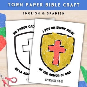 May include: Two white paper crafts with a shield and cross design. One is blank, the other has a red cross and yellow paper pieces. Text includes "Torn Paper Bible Craft" and "I put on every piece of the armor of God".