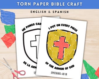 May include: Two white paper crafts with a shield and cross design. One is blank, the other has a red cross and yellow paper pieces. Text includes "Torn Paper Bible Craft" and "I put on every piece of the armor of God".