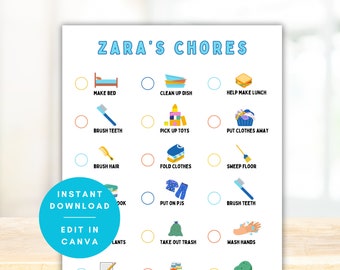 Summer Chore Chart With Pictures for Kids, Toddler Chore Chart, Printable Individualized Dry Erase Chore Chart, Editable in Canva
