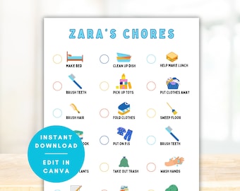 Summer Chore Chart With Pictures for Kids, Toddler Chore Chart, Printable Individualized Dry Erase Chore Chart, Editable in Canva