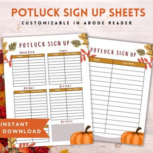 Może przedstawiać: Drukowane arkusze zgłoszeń do potlucku z jesiennym motywem. Arkusze mają sekcje na danie główne, przystawki, napoje i deser. Każda sekcja ma kolumny na imię i nazwisko oraz to, co przyniosą. Arkusze mają również sekcję na szczegóły i grafikę dyni.