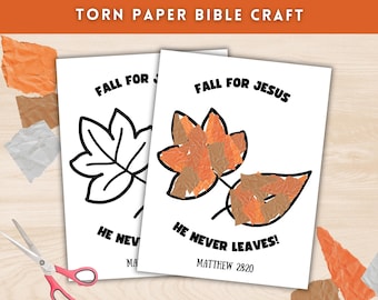 Fall for Jesus, Fall Sunday School Craft, Torn Paper Fall Bible Crafts, Christian Preschool Activity, Bible Verse Coloring Page