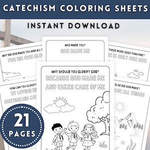 May include: Black and white coloring pages with religious themes. The pages feature illustrations of children, clouds, trees, mountains, and a cross. The text on the pages includes phrases like "Who made you? God made me." and "Why should you glorify God? Because God made me and takes care of me."