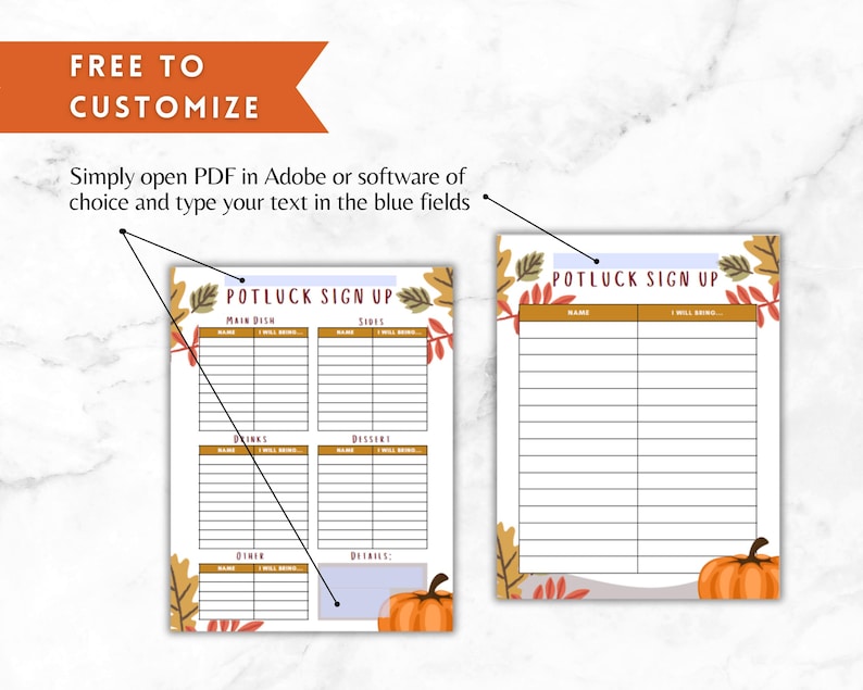 May include: A printable potluck sign-up sheet with a fall theme. The sheet has sections for main dish, sides, drinks, dessert, other, and details. The sheet is decorated with fall leaves and a pumpkin.