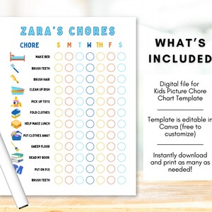 May include: A printable chore chart template for kids featuring colorful icons and a grid for each day of the week. The chart is titled "Zara's Chores" and includes chores like "Make Bed", "Brush Teeth", "Clean Up Dish", and more.