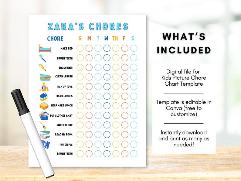 May include: A printable chore chart template for kids featuring colorful icons and a grid for each day of the week. The chart is titled "Zara's Chores" and includes chores like "Make Bed", "Brush Teeth", "Clean Up Dish", and more.