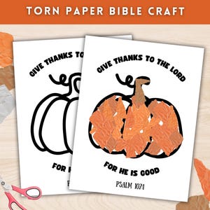 Zerrissenes Papier Herbst Sonntag Schulhandwerk, Herbstbibelhandwerk, christliche Vorschulaktivität, Dank an die Herr-Bibel-Vers-Malseite