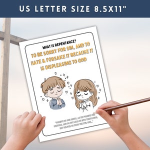 May include: A printable worksheet with a cartoon illustration of two children praying. The worksheet explains the meaning of repentance, which is to be sorry for sin and to hate and forsake it because it is displeasing to God. The text "WHAT IS REPENTANCE?" is in yellow letters.