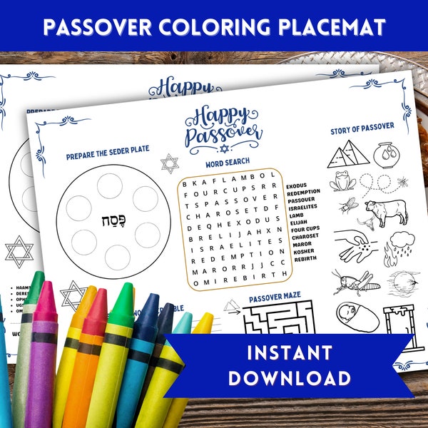 Passover Coloring Page, Seder Coloring Placemat, Coloring Pages for Kids, Passover Printable