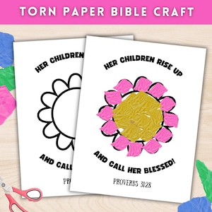 Lavoretto per la scuola domenicale della mamma con carta strappata, lavoretto biblico per la festa della mamma con Proverbi 31, attività cristiana per la scuola materna, versetto biblico stampabile