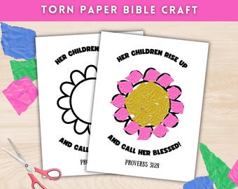 Torn Paper Mothers Day Sunday School Craft, Proverbs 31 Mothers Day Bible Craft, Christian Preschool Activity, Printable Bible Verse