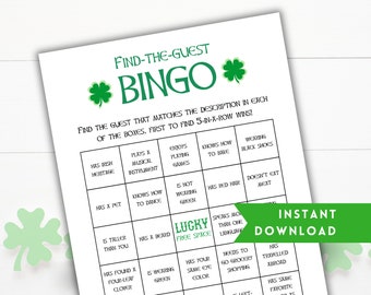 Find the Guest Bingo St Patricks Day Game, Printable St Pattys Day Party Game, St Patricks Day Activity, Team Building Games