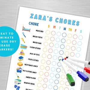 May include: A printable chore chart for kids with a colorful design and a grid of circles for each day of the week. The chart includes chores like making the bed, brushing teeth, and picking up toys. The text "ZARA'S CHORES" is at the top of the chart.