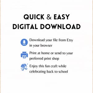 Peut inclure: Fond blanc avec le texte "T&Eacute;L&Eacute;CHARGEMENT NUM&Eacute;RIQUE RAPIDE ET FACILE". Instructions : t&eacute;l&eacute;charger depuis Etsy, imprimer &agrave; la maison ou dans une imprimerie, et profiter d'un bricolage pour la rentr&eacute;e scolaire.