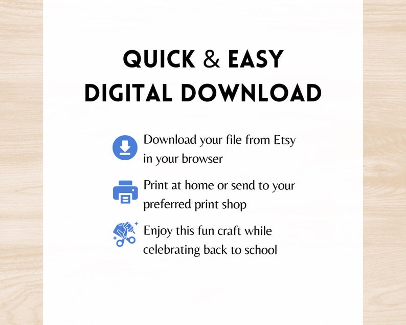 Peut inclure: Fond blanc avec le texte "T&Eacute;L&Eacute;CHARGEMENT NUM&Eacute;RIQUE RAPIDE ET FACILE". Instructions : t&eacute;l&eacute;charger depuis Etsy, imprimer &agrave; la maison ou dans une imprimerie, et profiter d'un bricolage pour la rentr&eacute;e scolaire.