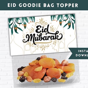 Puede incluir: Topper de bolsa de regalo Eid Mubarak imprimible con un diseño verde y dorado. El topper presenta una silueta de mezquita y el texto "Eid Mubarak".