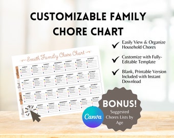 Weekly Family Chore Chart Printable, Editable Chore Chart, Adult Chore Chart, Family Organization