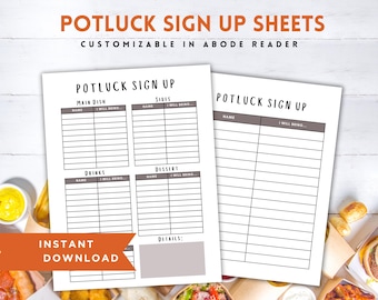 Customizable Potluck Sign Up Sheets, Potluck Sign up Template for Community, Church, School Events, Editable PDF