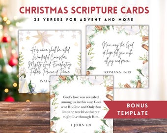 Christian Christmas Bible Verse Cards, Advent Scripture Cards for Christmas Countdown Calendar, Gift Tags, Prayer Board Kit, or Junk Journal