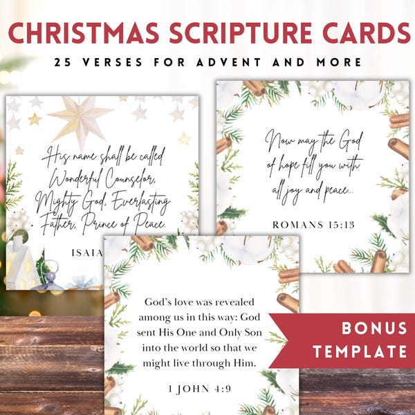 Tarjetas con versículos bíblicos navideños cristianos, tarjetas con las Escrituras del Adviento para el calendario de cuenta regresiva navideña, etiquetas de regalo, kit para tablero de oración o diario de recortes.