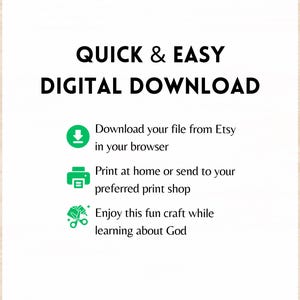 May include: A green digital download icon with a downward arrow, a green printer icon, and a green icon with scissors and a diamond. The text reads "QUICK & EASY DIGITAL DOWNLOAD" and includes instructions for downloading, printing, and enjoying the digital download.