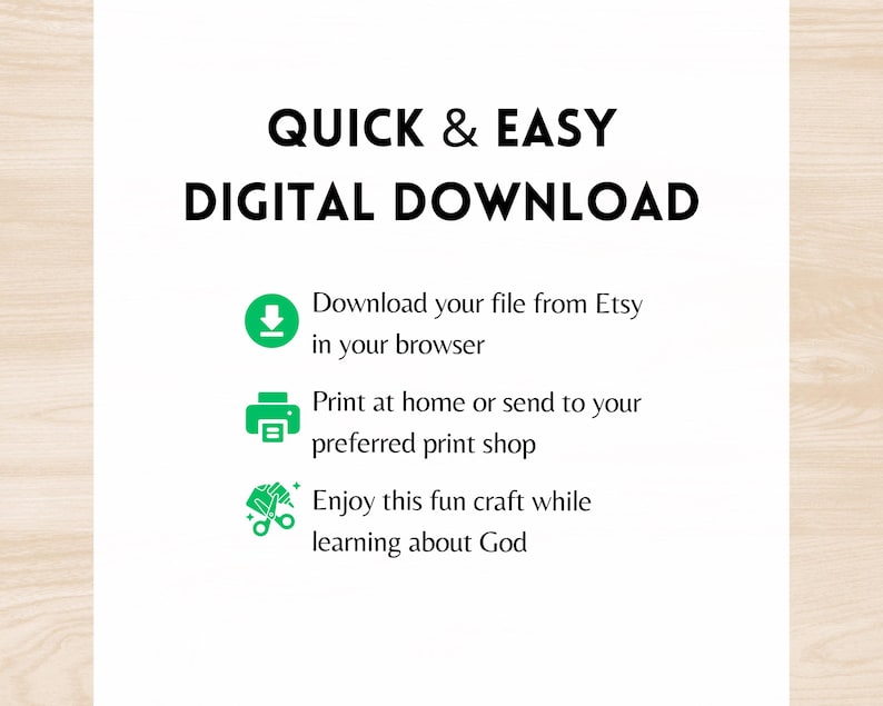 May include: A green digital download icon with a downward arrow, a green printer icon, and a green icon with scissors and a diamond. The text reads "QUICK & EASY DIGITAL DOWNLOAD" and includes instructions for downloading, printing, and enjoying the digital download.