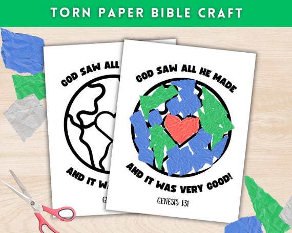 Torn Paper Sunday School Craft on God's Creation Story, Earth Day Activity, Christian Preschool Activity, Collage Art Bible Craft