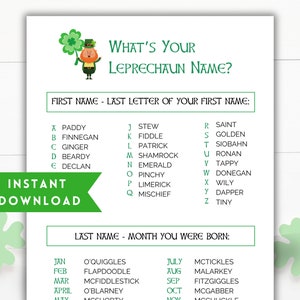 Leprechaun Name Game Printable, Whats Your Leprechaun Name St Patricks Day Party Game, Team Building Games, Leprechaun Trap Game