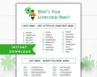 Leprechaun Name Game Printable, Whats Your Leprechaun Name St Patricks Day Party Game, Team Building Games, Leprechaun Trap Game