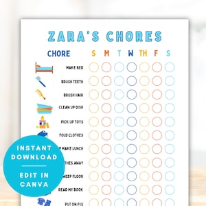 Zomerklusjesschema met afbeeldingen voor kinderen, Peuterklusjesschema, Afdrukbare geïndividualiseerde droog uitwisbare klusjesgrafiek, bewerkbaar in Canva