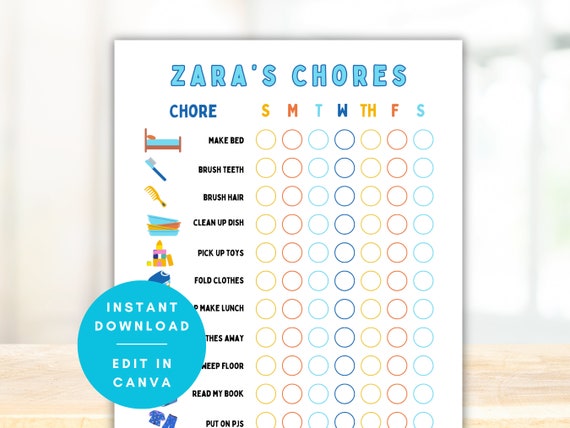 Summer Chore Chart With Pictures for Kids, Toddler Chore Chart, Printable Individualized Dry Erase Chore Chart, Editable in Canva