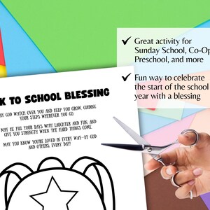 Peut inclure: Une page &agrave; colorier en noir et blanc avec le texte "BACK TO SCHOOL BLESSING" et un contour de sac &agrave; dos. L'image comprend du texte sur l'orientation et l'amour. Une paire de ciseaux est tenue au-dessus de la page. Du papier color&eacute; est en arri&egrave;re-plan.