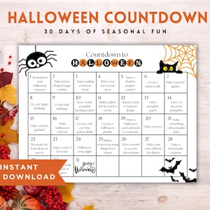 Puede incluir: Un calendario de cuenta atrás de Halloween imprimible con 30 actividades divertidas para hacer cada día hasta Halloween. El calendario presenta una araña negra, un gato negro y un diseño de telaraña.