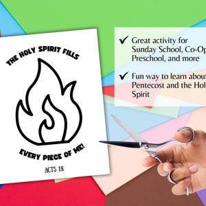 May include: Black and white printable coloring page featuring a flame with the text "THE HOLY SPIRIT FILLS EVERY PIECE OF ME! ACTS 18".