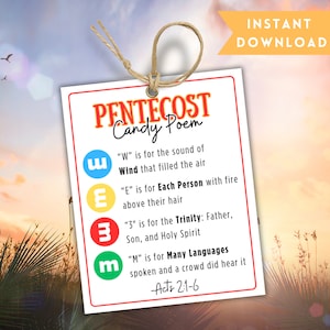 May include: A white card with red, yellow, blue, and green circles. The card has the text "Pentecost Candy Poem" in red letters. The text below the circles explains the meaning of each letter in the word "W.E.M."  The card also includes the Bible verse "Acts 2:1-6".