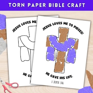 Lavoretto per la scuola domenicale di Pasqua per bambini, carta strappata per la settimana santa stampabile, Gesù mi ama a pezzi Attività cristiana per la scuola materna