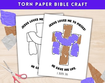 Easter Story Sunday School Craft for Kids, Torn Paper Holy Week Printable, Jesus Loves Me to Pieces Christian Preschool Activity