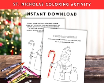May include: Black and white coloring page featuring Saint Nicholas with a staff, candy cane, and bag of gifts. The page includes a prayer to Saint Nicholas.