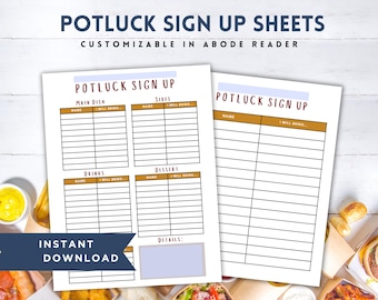 Customizable Potluck Sign Up Sheets, Food Sign up Template for Community, Church, School Events, Editable PDF
