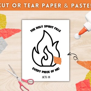 May include: A printable coloring page with a black and white illustration of a flame. The text "THE HOLY SPIRIT FILLS EVERY PIECE OF ME! ACTS 1:8" is printed below the flame.