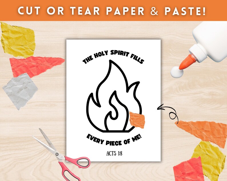 May include: A printable coloring page with a black and white illustration of a flame. The text "THE HOLY SPIRIT FILLS EVERY PIECE OF ME! ACTS 1:8" is printed below the flame.